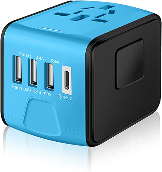 Travel Adapter Worldwide,SAUNORCH Universal International Power Plug Adapter W/2.4A 3xUSB-A and 3.0A Type-C Wall Charger, European Travel Plug Adapter for Europe UK EU US CA AU Italy Asia-Blue
