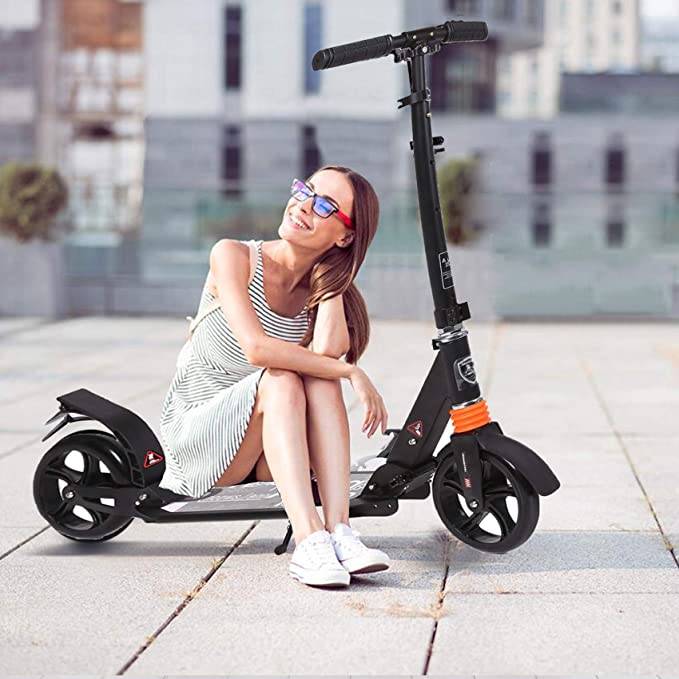 Kids/Adult Scooter with 3 Seconds Easy-Folding System, 220lb Folding Adjustable Scooter with/Without Disc Brake and 200mm Large Wheels (Black-Middle)