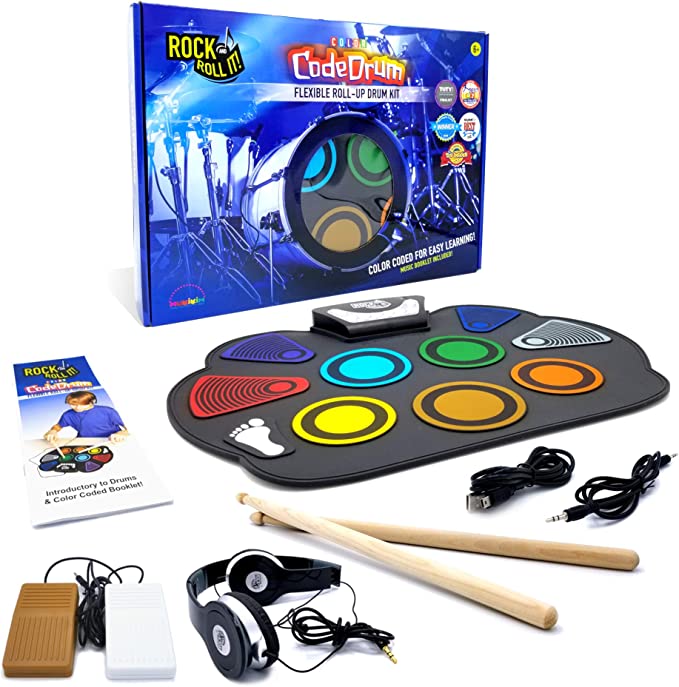 Rock and Roll It SpecDrum. Flexible Roll-Up Color Coded Electric Drum Kit, Easy Learning & Play for Beginners! Portable, Battery OR USB. Drumsticks+Bass Drum/Hi Hat Pedals+Headphones+Music Book