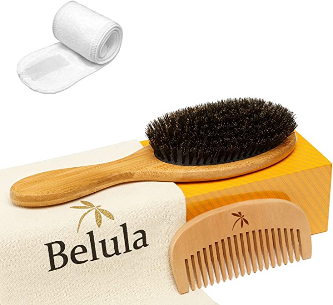Belula 100% Boar Bristle Hairbrush Set. Soft Natural Bristles for Thin and Fine Hair. Restore Shine And Texture. Wooden Comb, Travel Bag and Spa Headband Included!