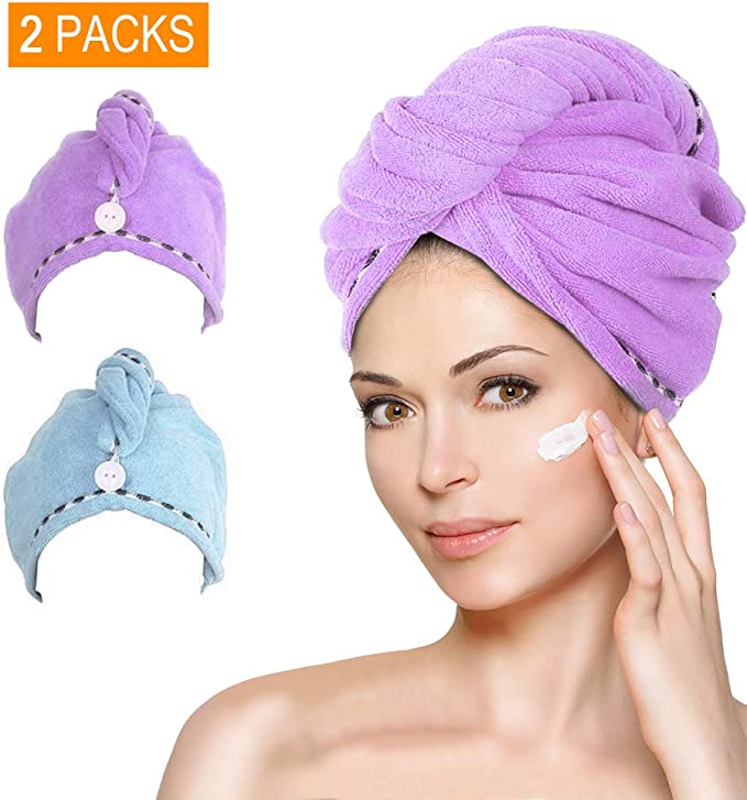 Microfiber Hair Towel Turban Wrap, AMoko Super Absorbent Anti-Frizz Hair Drying Towels Cap for Curly, Long and Thick Hair, 2 Pack (Blue/Purple)