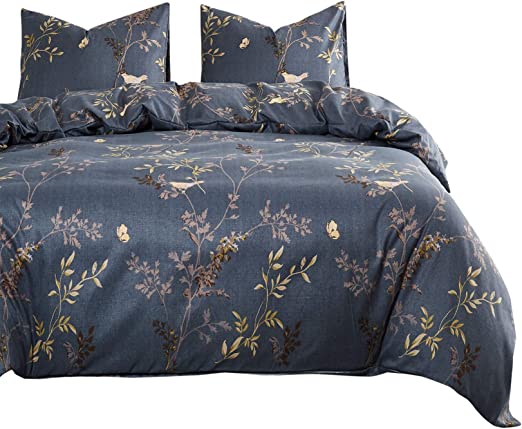 Wake In Cloud - Dark Grey Quilt Cover Set, Birds Floral Flowers Tree Leaves Pattern Printed, Soft Microfiber Doona Cover Bedding Set with Zipper Closure (3pcs, King Size)