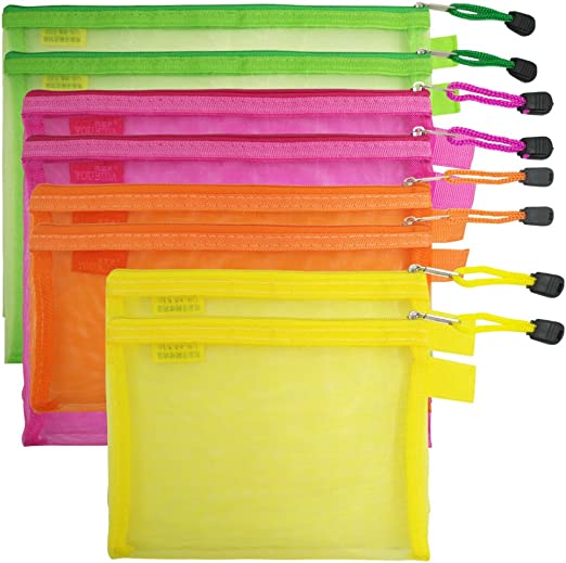 8 Pcs Zipper Mesh File Bags Folder Document Pockets with Bill B5 A5 A6 Size, AFUNTA 4 Color 4 Size Nylon Pencil Case Cosmetic Storage Office Pouch Holder- Orange, Yellow, Green, Rose Red