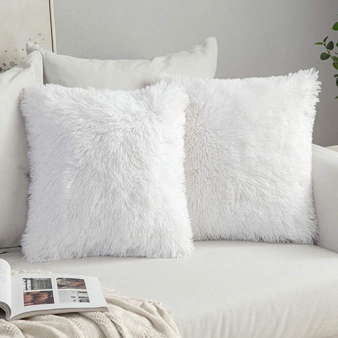 MIULEE Pack of 2 Luxury Faux Fur Throw Pillow Cover Deluxe Christmas Decorative Plush Pillow Case Cushion Cover Shell for Sofa Bedroom Car 18 x 18 Inch White