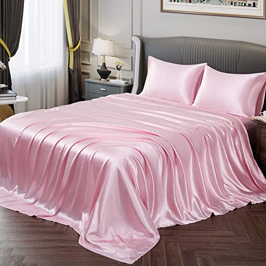 Vonty Satin Sheets Queen Size Silky Soft Satin Bed Sheets Pink Satin Sheet Set, 1 Deep Pocket Fitted Sheet + 1 Flat Sheet + 2 Pillowcases