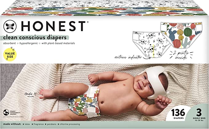 The Honest Company Super Club Box Diapers with TrueAbsorb Technology, Pandas & Safari, Size 3, 136 Count