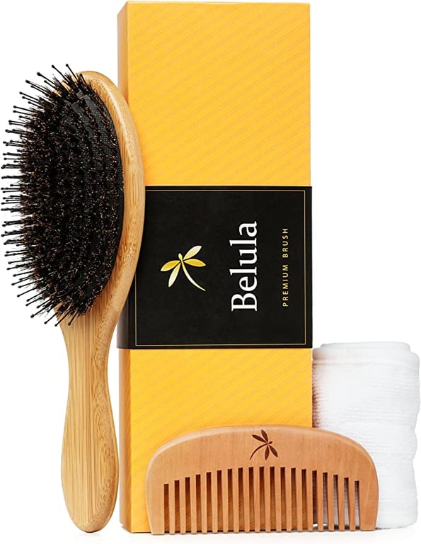 Belula Detangling Boar Bristle Hairbrush Set. Hairbrush for Thick, Long and Curly Hair. Restores Shine and Texture to Your Hair. Wooden Comb, Travel Bag & Spa Headband Included