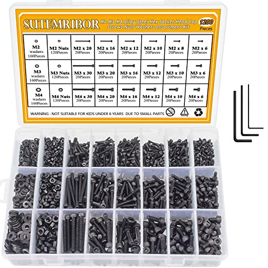 M2 M3 M4 Alloy Steel Screws Nuts and Washers 1200PCS, Sutemribor Hex Socket Head Cap Bolts Screws Nuts Washers Assortment Kit with Hex Wrenches