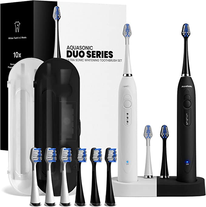 AquaSonic DUO - Dual Handle Ultra Whitening Electric ToothBrushes - 40,000 VPM Motor & Wireless Charging - 3 Modes with Smart Timer - 10 DuPont Brush Heads & 2 Travel Cases Included