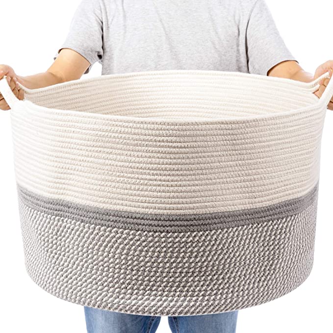 CHICVITA XXL Extra Large Cotton Rope Woven Basket, Throw Blanket Storage Basket with Handles, Decorative Clothes Hamper - 22" x 22" x 14"