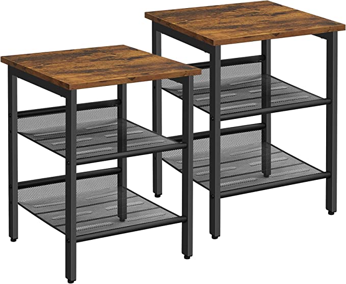 Vasagle Side Table Set, Nightstand, Industrial Set of 2 Bedside Tables, with Adjustable Mesh Shelves, Living Room, Bedroom, Hallway, Office, Stable, Rustic Brown and Black