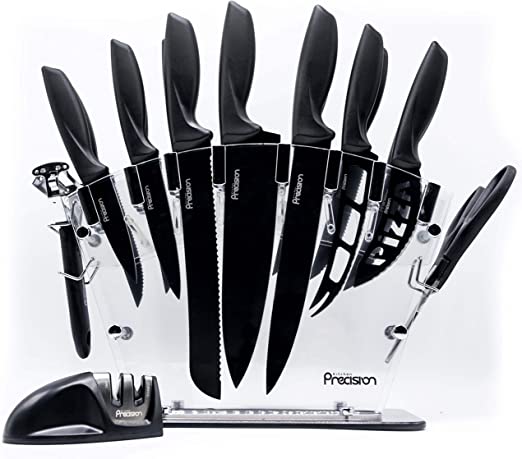 17 Piece Knife Set with Block and Sharpener - by Kitchen Precision. Enhance Your Home Décor Products w/ 6 Steak Knives - Chef Bread Cheese Knife - Scissors - Peeler - Cookware -Kitchen Tools & Gadgets