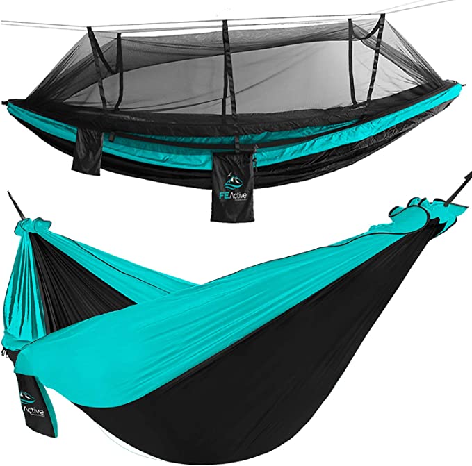 FE Active Outdoor Camping Hammock - Double Hammock with Removable Mosquito Net Portable Hammocks for Trees with Adjustable Tree Straps for Travel, Camping, Survival Gear | Designed in California, USA