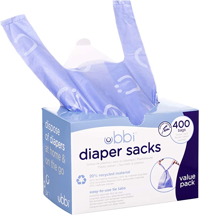 Ubbi Disposable Diaper Sacks, Lavender scented, Easy-To-Tie Tabs, Made with Recycled Material, To Use at Home or On-The-Go, 400 counts