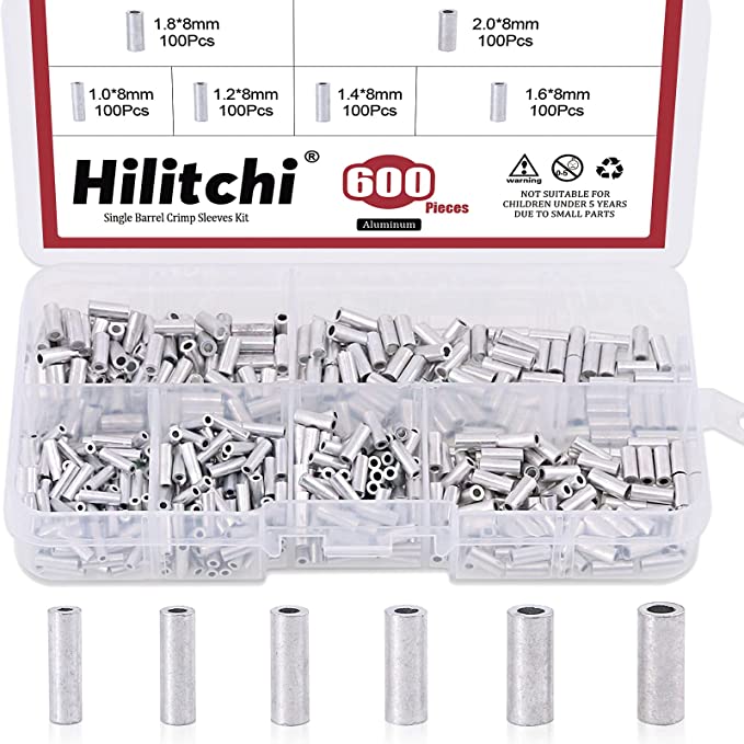 Hilitchi 600 Pcs Single Barrel Crimp Sleeves Mini Aluminum Crimp Sleeves Connector Kit for Fishing Line for 1.0, 1.2, 1.4, 1.6, 1.8, 2mm Fishing Wire Dia.