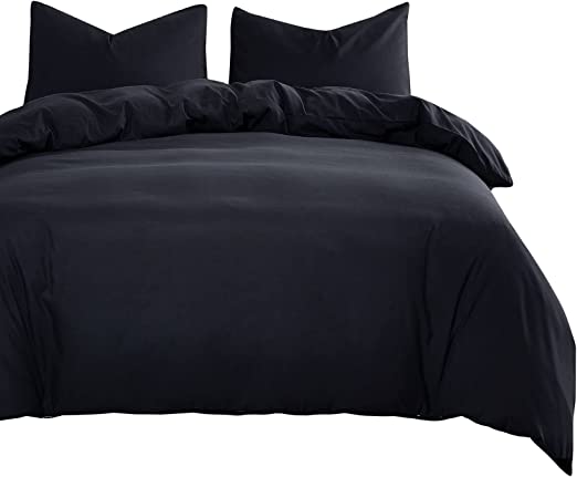 Wake In Cloud - Black Quilt Cover Set, 1000TC Ultra Soft Microfiber Doona Cover Bedding Set in Solid Plain Color (3pcs, Queen Size)