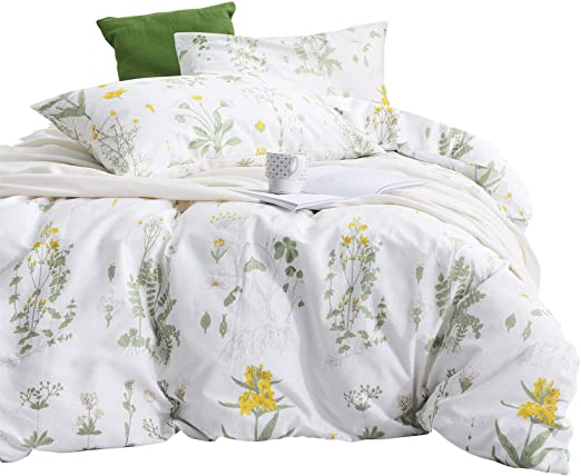 Wake In Cloud - Botanical Quilt Cover Set, 100% Cotton Doona Cover Bedding, Yellow Flowers and Green Leaves Floral Garden Pattern Printed on White (3pcs, Queen Size)