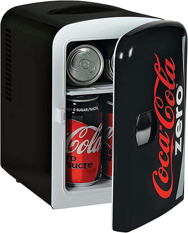 Coca-Cola Zero Portable 6 Can Thermoelectric Mini Fridge Cooler/Warmer, 4 L/4.2 qt, Black, 12V DC/240V AC for Home, Dorm, car, Boat, Beverages, Snacks, Skincare, Cosmetics, Medication