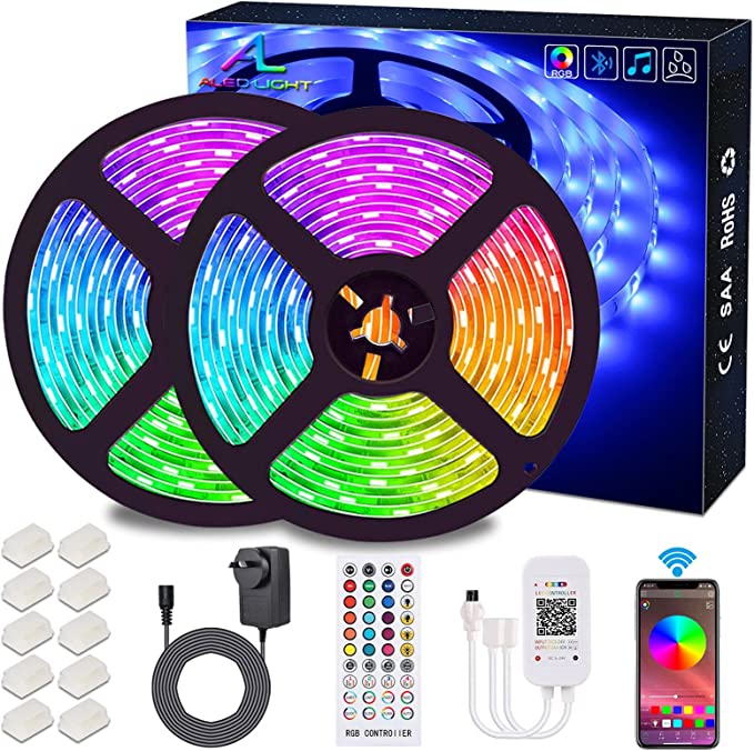Bluetooth LED Strips Lights, ALED LIGHT 5050 RGB 2x5 Meters LED Strip Lights 12V Waterproof Light Band Controlled by Remote Control 40K or Smart Phone for Home, Outdoors and Decoration