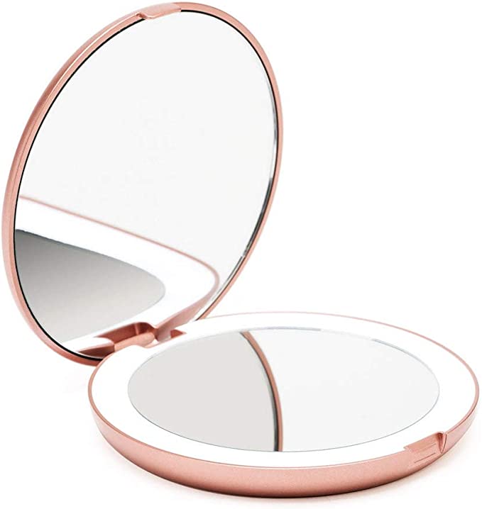 Fancii LED Compact Makeup Mirror for Handbag, 1X/10X Magnifying - Natural Daylight LED, Travel Size, Portable, 127mm Wide Illuminated Mirror, Rose Gold (Lumi)