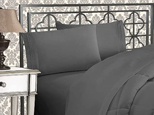 Elegant Comfort Luxurious 1500 Thread Count Egyptian Quality Three Line Embroidered Softest Premium Hotel Quality 4-Piece Bed Sheet Set, Wrinkle and Fade Resistant, Queen, Gray