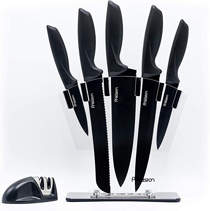 Kitchen Knife Set with Block and Sharpener - 7 Piece Set by Kitchen Precision – Razor Sharp Chef, Bread, Carving and Utility Knives - for Uber Chic Home Décor - Easy to Use & Clean