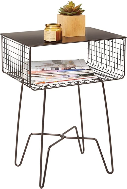 mDesign Steel Side Table Nightstand with Storage Shelf Basket for Bedroom, Living Room, Home Office; Rustic Bedside End Table, Industrial Modern Accent Furniture - Concerto Collection - Bronze