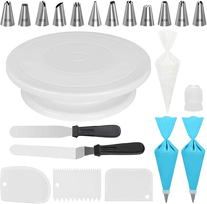 Kootek Cake Decorating Kits Supplies with Cake Turntable, 12 Numbered Cake Decorating Tips, 2 Icing Spatula, 3 Icing Smoother, 2 Silicone Piping Bag, 50 Disposable Pastry Bags and 1 Coupler