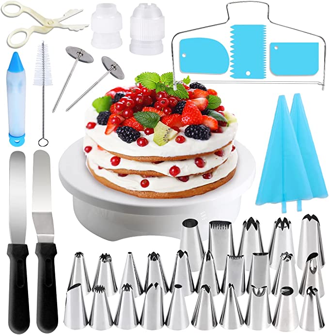 Cake Decorating Equipment, Gyvazla Cake Decorating Turntable, Cupcake Decorating Kit Supplies Rotating Turntable, Coupler, Frosting, Piping Bags and Tips Set, Icing Spatula, Pastry Tool, Cake Scrapers
