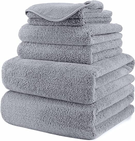 Polyte Plush Quick Dry Lint Free Microfibre Bath Towel Set, 6 Pieces (Grey)