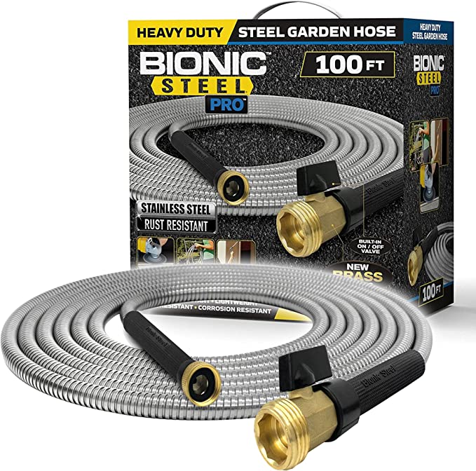 Bionic Steel 2430 PRO Garden Hose - 304 Stainless Steel Metal 100 Foot Garden Hose – Heavy Duty Lightweight, Kink-Free, and Stronger Than Ever with Brass Fittings and On/Off Valve – 2019 Model
