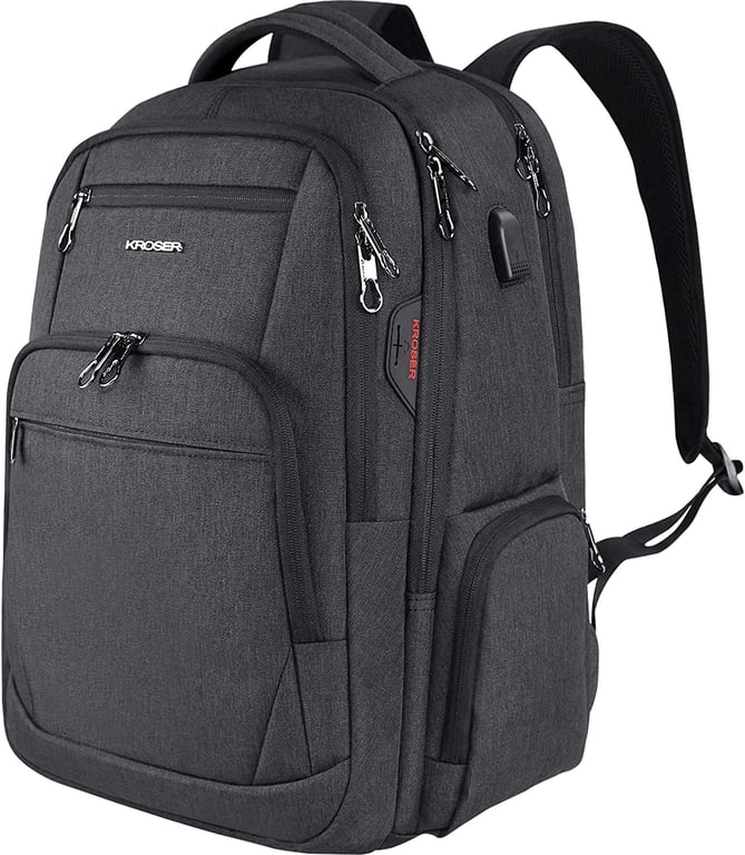 KROSER Travel Laptop Backpack 17.3 Inch Large Computer Backpack Water-Repellent School Daypack with USB Charging Port & Headphone Interface RFID Pockets for Work/Business/College/Men/Women