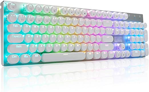 HUO JI Z-88 Retro Mechanical Gaming Keyboard, Programmable RGB Backlit, Blue Switch -Tactile & Clicky, Typewriter Style, Water Resistant 104 Keys Anti-Ghosting for Mac PC, White