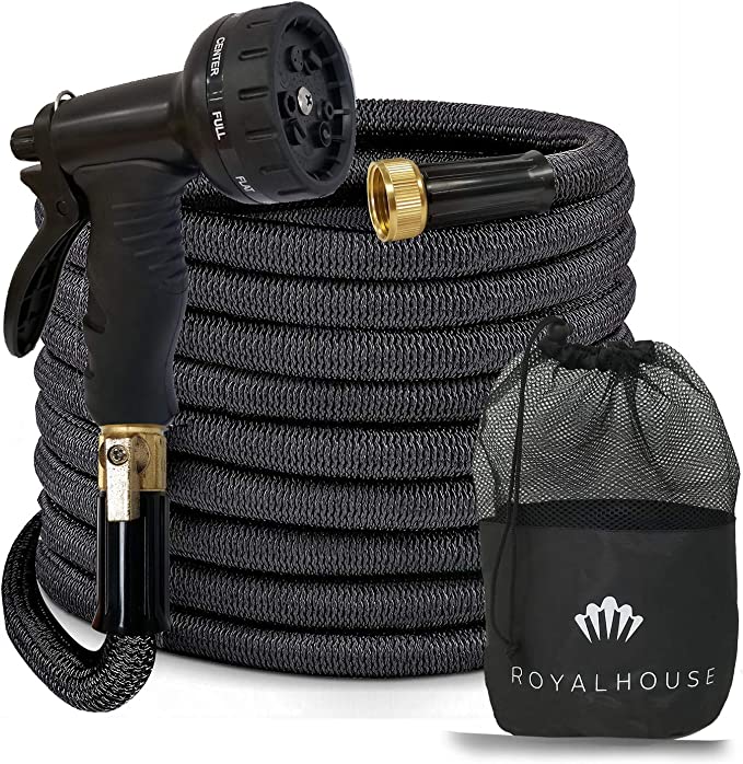 RoyalHouse 100 FT Black Expandable Garden Hose Water Hose with 9-Function High-Pressure Spray Nozzle, Heavy Duty Flexible Hose - 3/4" Solid Brass Fittings Leak Proof Design