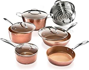 GOTHAM STEEL 2304 Hammered Collection – 10 Piece Premium Cookware Set with Triple Coated Nonstick Copper Surface, Oven, Stovetop & Dishwasher Safe