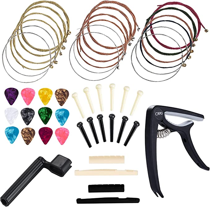 Anvin Acoustic Guitar Accessories Kit Guitar Strings Replacement Changing Tool Including Guitar Acoustic Strings, Picks, Capo, String Winder, Bridge Pins, Picks for Guitar Players Beginners (48 Pcs)