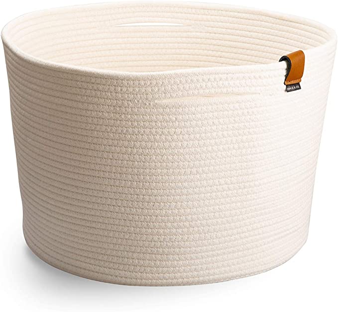 DENJA & CO Extra Large Storage Basket for Living Room - Laundry Basket for Bathroom or Bedroom, Cotton Rope Woven Basket | Ivory White (54cm W x 35cm H)