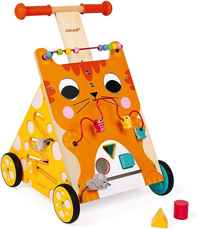 Janod Multi-Activities Adjustable Height Wooden Cat Baby Walker for Learning to Walk and Motor Skills for Ages 12+ Months