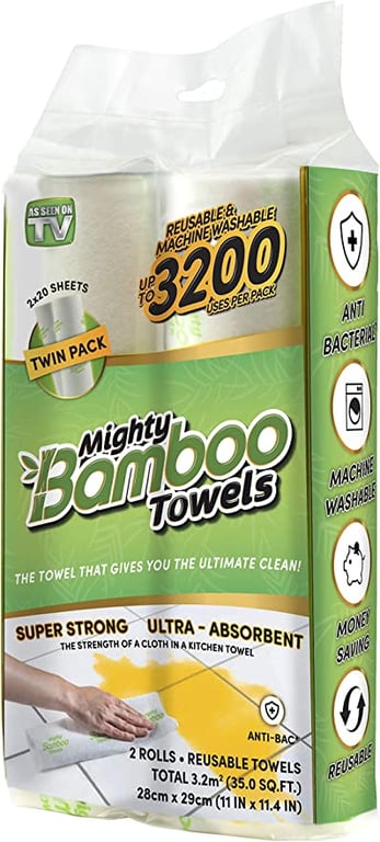 Mighty Bamboo Towels - Super Strong, Ultra Absorbent, Reusable (Paper Towel Alternative) - 2 Pack