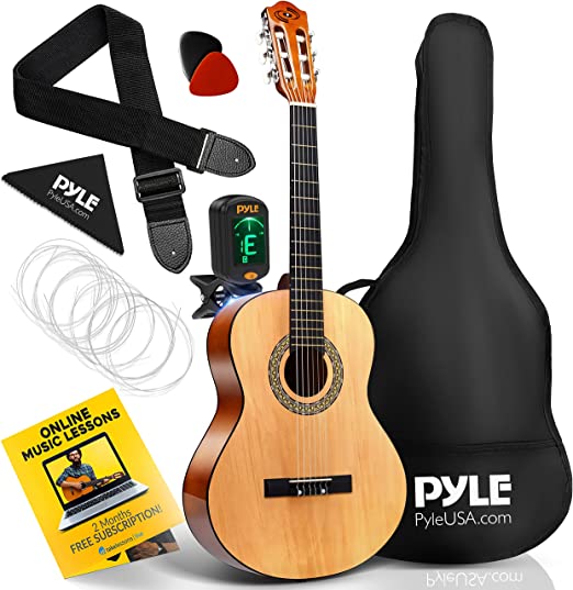Pyle Classical Acoustic Guitar 36” Junior size for beginners with starter kit - Steel String Guitarra Acustica Pack with Travel Gig Bag, Tuner, Picks, Strap for Students Practice, Kids, Adults