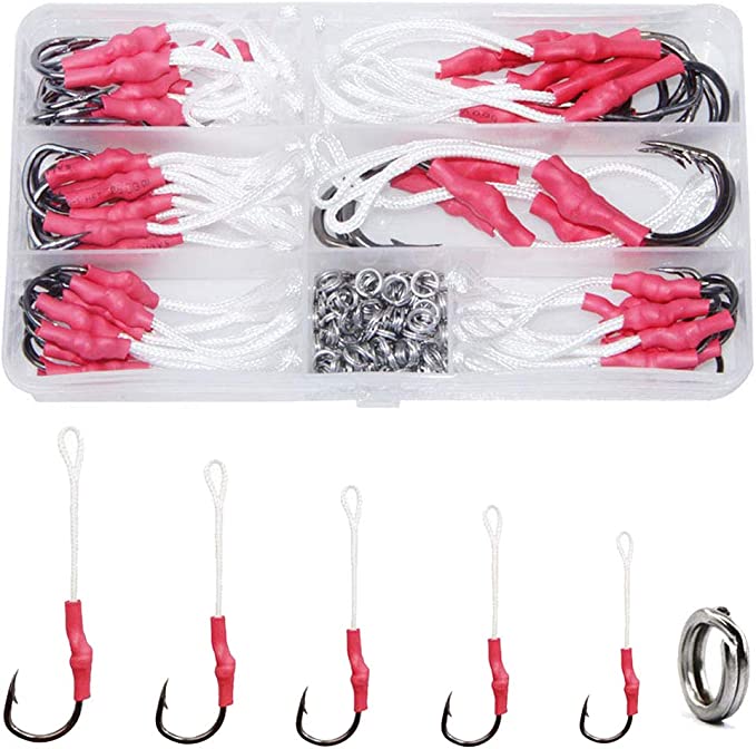 Fishing Assist Hooks with PE Line - 30pcs Stainless Steel Jigging Jig Hooks Tackle Military Grade Braid Assist Cords Butterfly Freshwater Saltwater