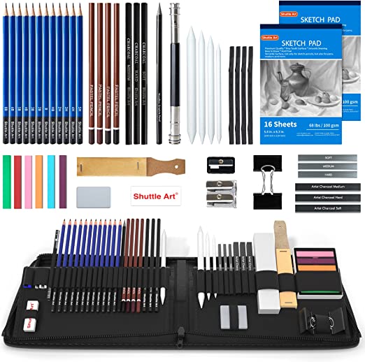 Drawing Kit, Shuttle Art 52 Pack Drawing Pencils Set, Professional Drawing Art Kit with Sketch Pencils, Graphite Charcoal Sticks, Drawing Pad in Portable Case, Drawing Supplies for Kids Adults Artists