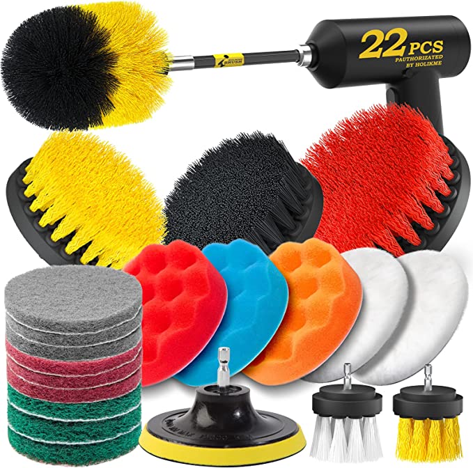 Holikme 20Piece Drill Brush Attachments Set, Scrub Pads & Sponge, Buffing Pads, Power Scrubber Brush with Extend Long Attachment, Car Polishing Pad Kit