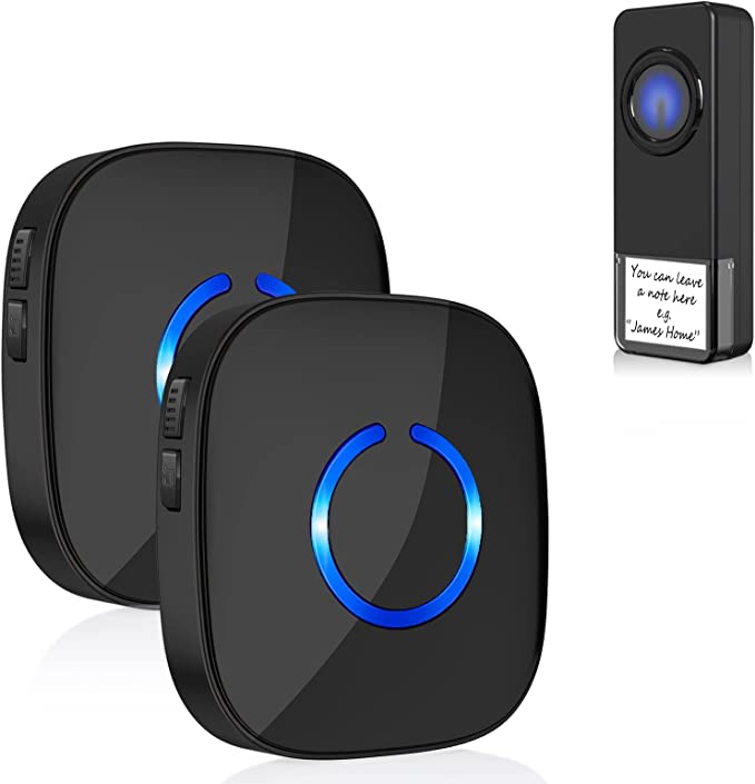 Coolqiya Wireless Doorbell Chime with 1 Remote Waterproof Transmitter and 2 Plugin Receivers, Operating up to 300m Range, No Battery Required for Receiver 58 Chimes, 5 Level Volume, LED Flash.