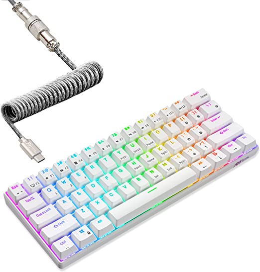 RK ROYAL KLUDGE RK61 60% Mechanical Keyboard with Coiled Cable, 2.4Ghz/Bluetooth/Wired, Wireless Bluetooth Mini Keyboard 61 Keys, RGB Hot Swappable Red Switch Gaming Keyboard with Software - White