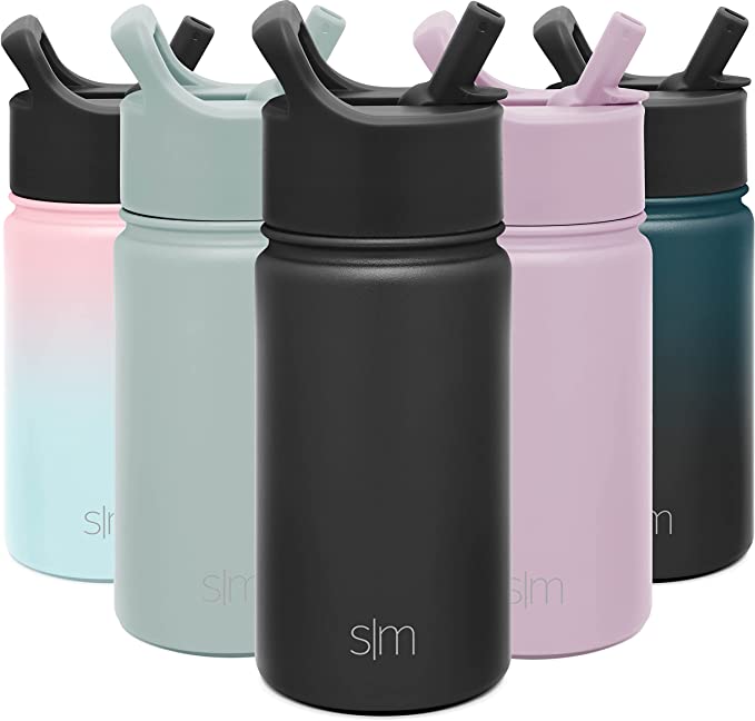 Simple Modern 415mL Summit Kids Water Bottle with Straw Lid - Travel Hydro Vacuum Insulated Flask Double Wall Liter - 18/8 Stainless Steel -Midnight Black