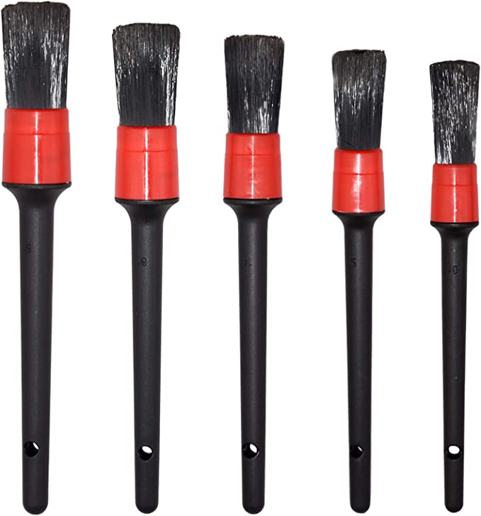 Detailing Brush Set - 5 Different Sizes Premium Natural Boar Hair Mixed Fiber Plastic Handle Automotive Detail Brushes for Cleaning Wheels, Engine, Interior, Emblems, Air Vents, Car, Motorcy