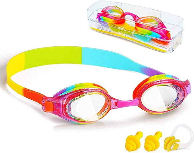 Kids Swim Goggles, ProChosen Waterproof Anti Fog UVA / UVB Protection No Leaking Clear Wide Vision Soft Silicone Gasket Swimming Glasses with Case, Nose Clip, Earplugs for Boys Girls Youth Kids