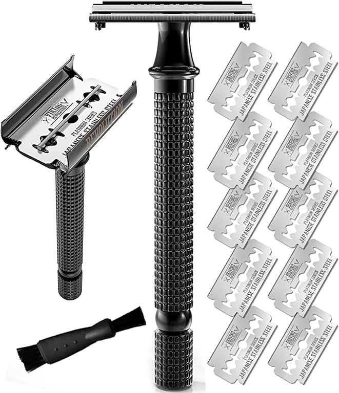 Long Handle Double Edge Safety Razor - Butterfly Open Razor with 10 Japanese Stainless Steel Double Edge Safety Razor Blades - Close, Clean Shaving Razor for Men.