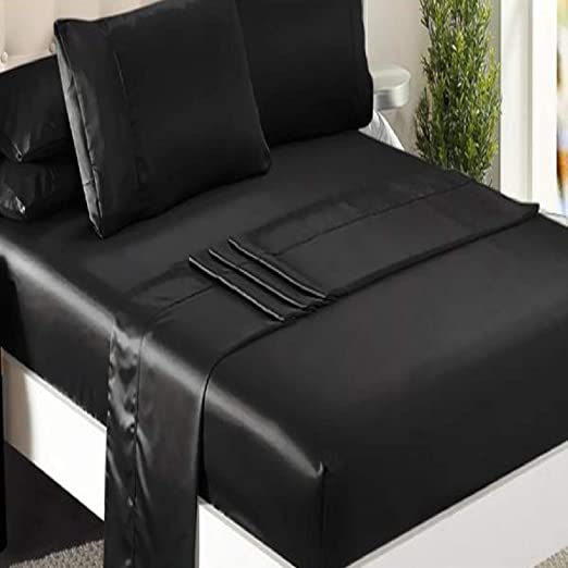 Niagara Sleep Solution Queen Bed Sheet Set 4 Pieces Black Silky Smooth Bridal Satin Deep Pocket Fitted, Flat, 2 Pillow Cases Wrinkle Stain, Fade Resistant (Black Bed Sheet Set Queen)